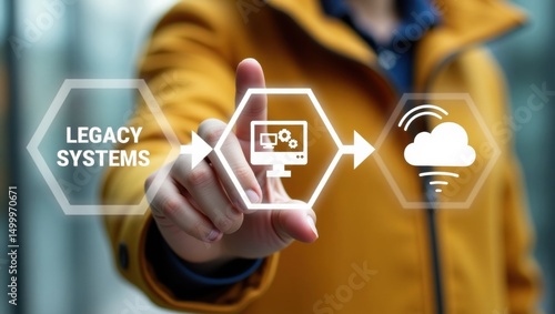 Hand interacting with a graphical representation of legacy systems migrating to the cloud.