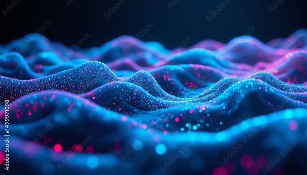 Obraz premium Flowing Binary Particles, Ethereal Glows, Cyan Violet Blue, Abstract Digital Stream