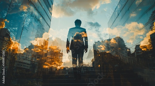 Silhouette of a person standing amidst a cityscape reflected in glass, showcasing a blend of urban and sky elements at sunset