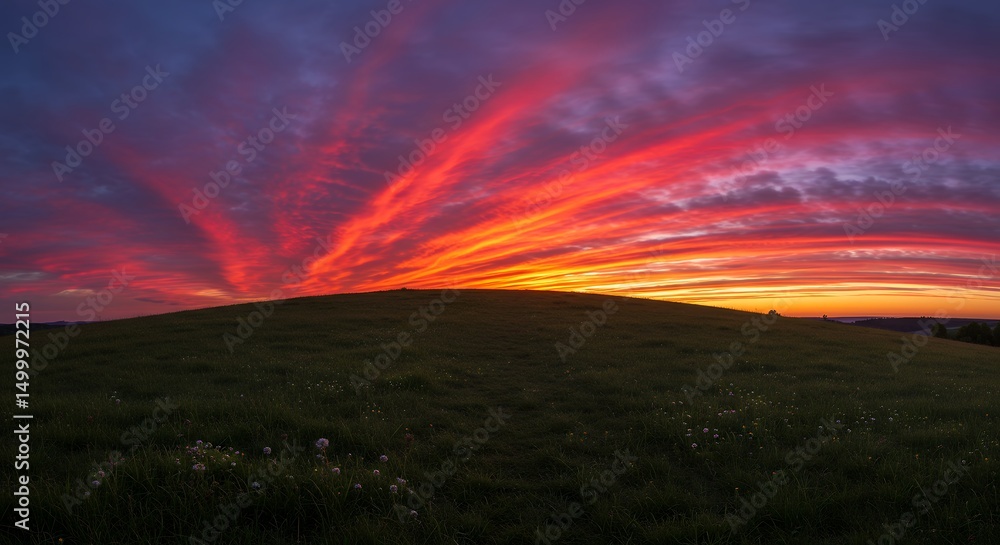 Obraz premium Sunset Sky Over Green Hill