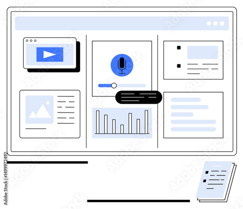 Digital dashboard with video content, microphone icon, analytics chart, text panels, and document layout. Ideal for analytics, multimedia, data management, presentations education voice recording