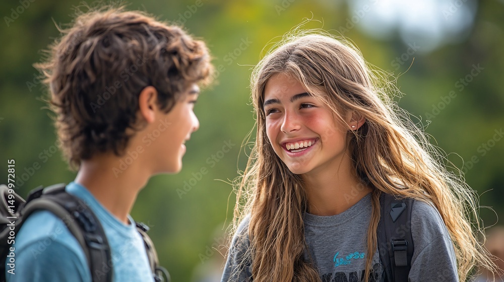 Two happy teens, boy and girl, smiling at each other outdoors. Friendship, youth, and happiness are depicted Two happy teens, boy and girl, smiling at each other outdoors. Friendship, youth, and happiness are depicted