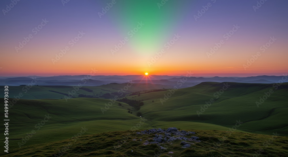 Fototapeta premium Sunrise Over Rolling Green Hills Landscape