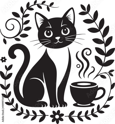 Black Cat with Coffee and Flowers Vector for Pet and Cafe Designs