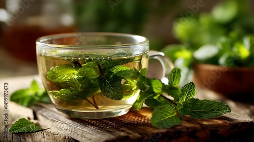 Mint tea with fresh leaves close up