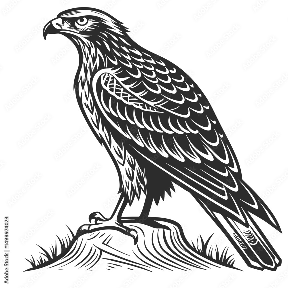 Fototapeta premium Majestic Hawk Perched on a Rock Vintage Illustration