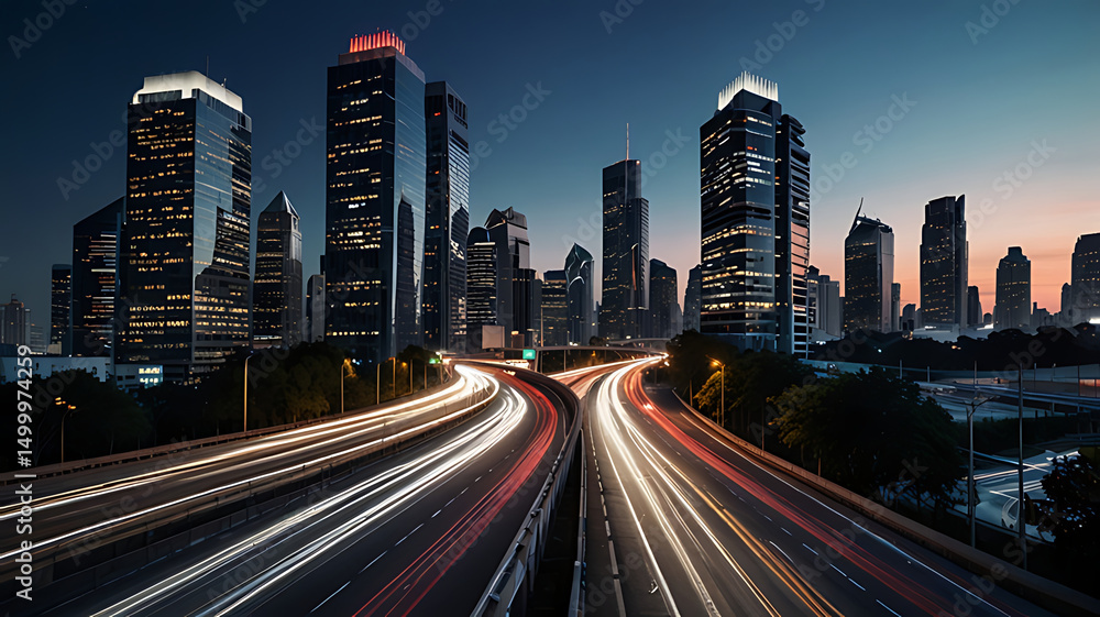 Urban Sunset Scene with Illuminated Towers and Traffic Motion
Urban Sunset Scene with Illuminated Towers and Traffic Motion
