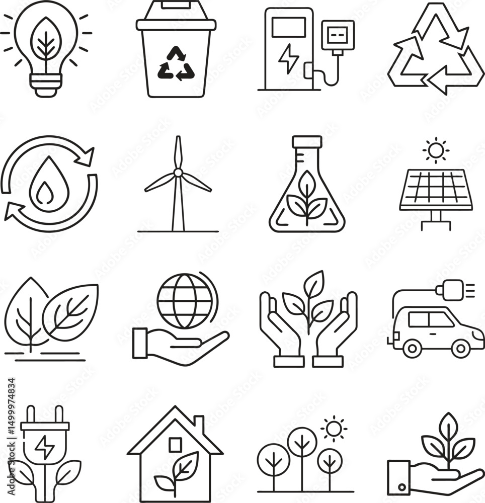 Fototapeta premium Sustainability Icons Set with Renewable Energy and Eco-Friendly Symbols for Graphic Design