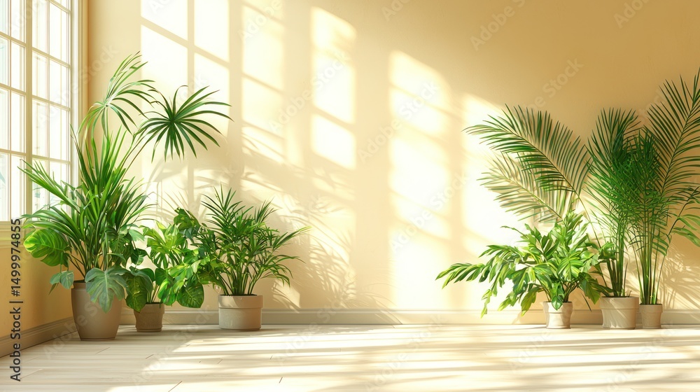 Fototapeta premium Sunlit room, potted plants, window, interior design, home decor, calm, peaceful, relaxing, background for websites