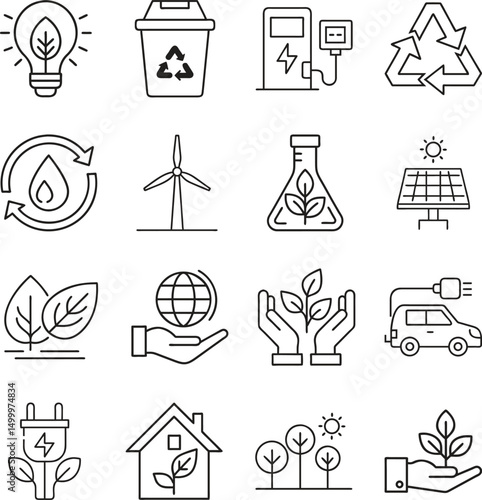 Sustainability Icons Set with Renewable Energy and Eco-Friendly Symbols for Graphic Design