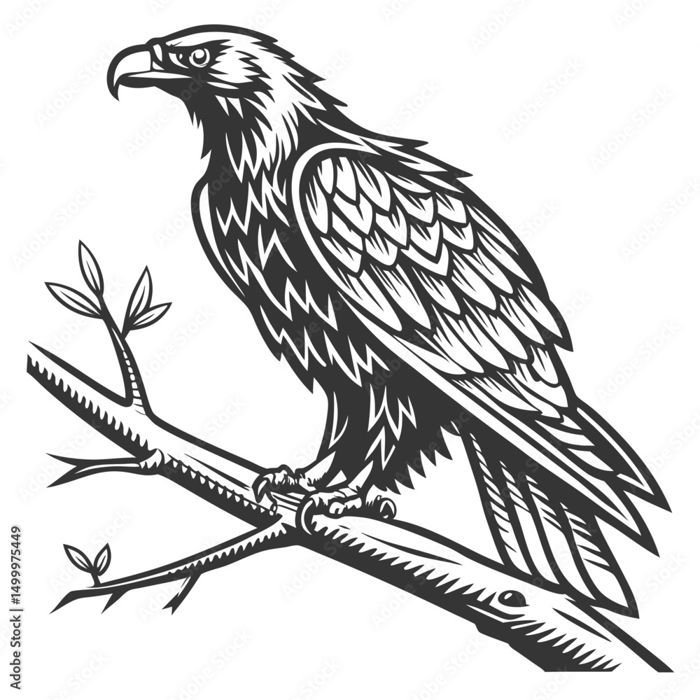Obraz premium Majestic Eagle Perched on Branch Vintage Illustration
