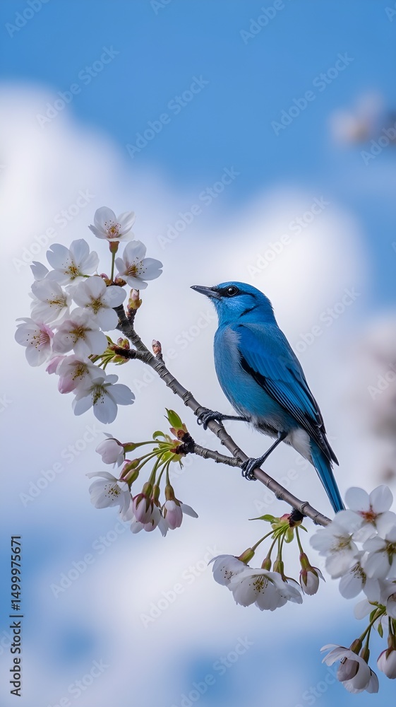 Obraz premium Azure Blue Bird Perched on Cherry Blossom Branch Against Dreamy Blue Sky