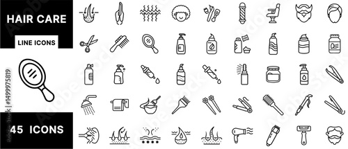 Hair Care Line Icons Set – Shampoo, Conditioner, Scalp Treatment, Styling Tools, Hair Oils, Growth, Products, Beard Care, Salon Items, Grooming Essentials