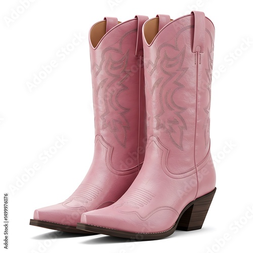 Stylish Pink Cowboy Boots with Detailed Stitching and Wooden Heels on White