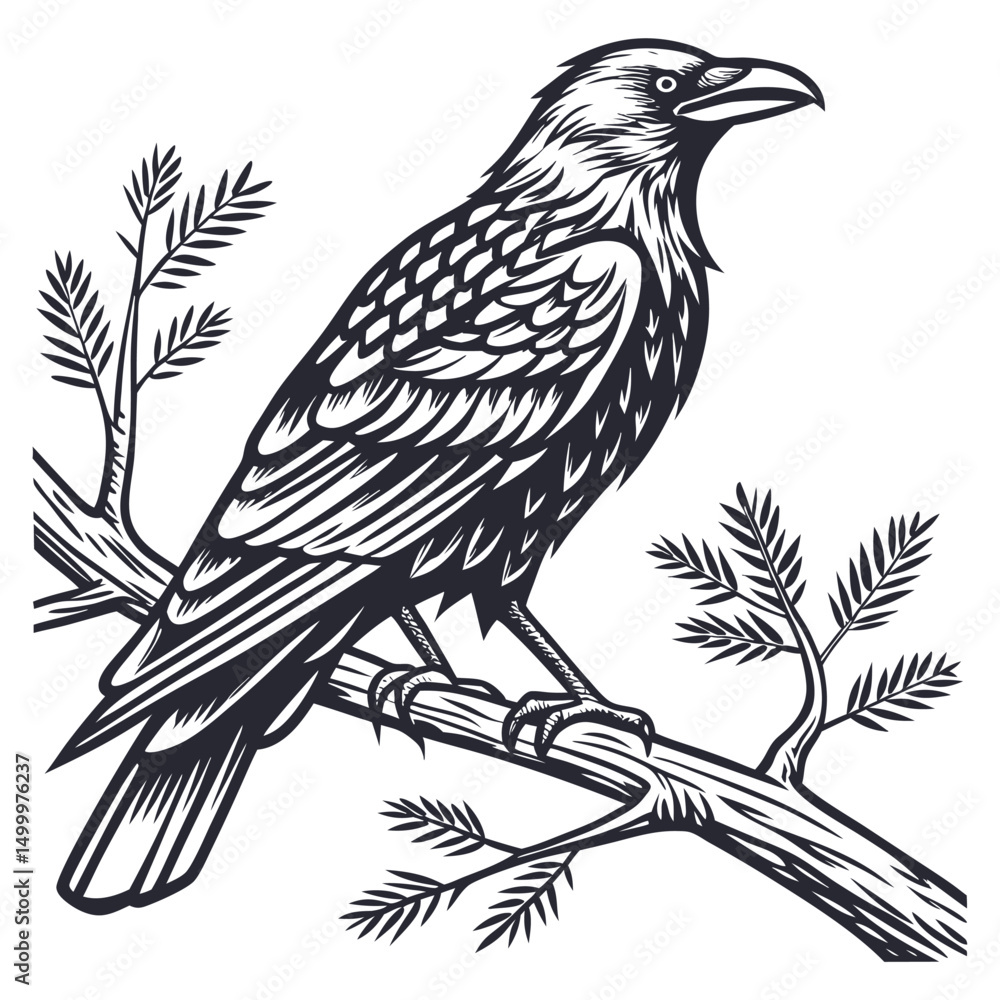 Black and White Illustration of a Raven Perched on a Branch Black and White Illustration of a Raven Perched on a Branch