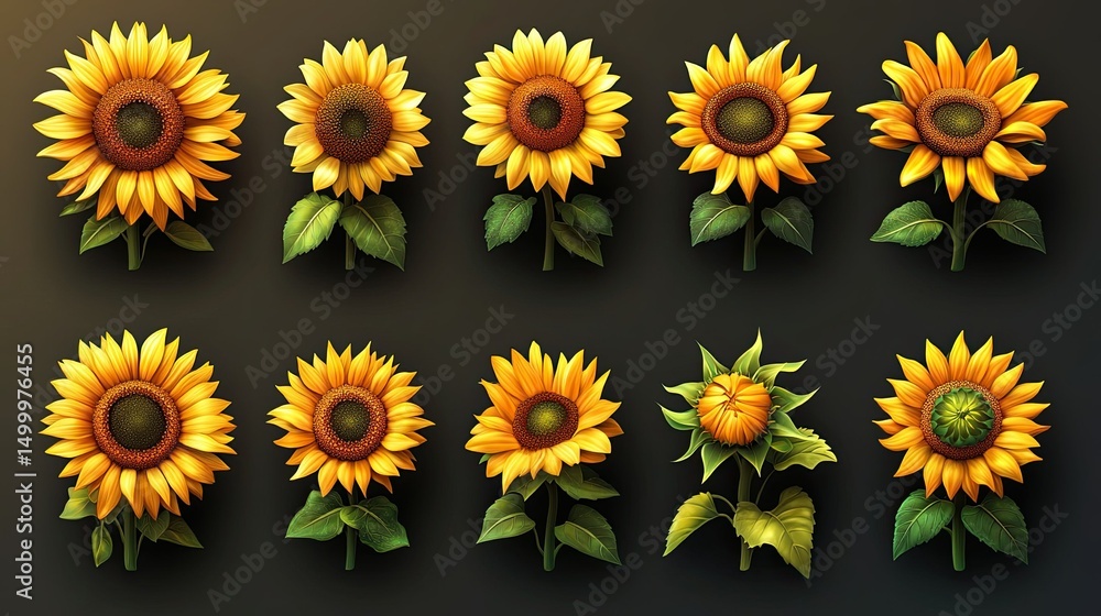 Sunflower, different styles. 3D vector drawing, icon set for summer or floral-themed design projects. Sunflower, different styles. 3D vector drawing, icon set for summer or floral-themed design projects.