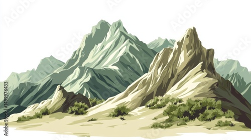 Cartoon mountain range in anime style with green and brown tones
