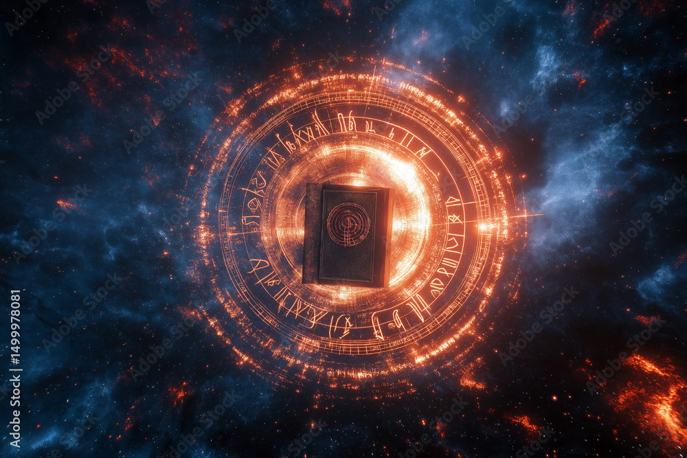 Obraz premium A cosmic energy field radiating from an open book with runes, floating in a surreal starry space.