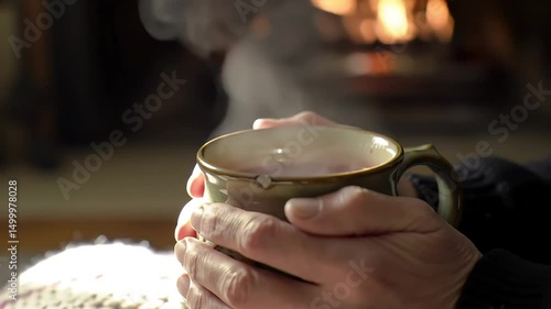 Hands Holding Hot Cup of Coffee with Steam Rising