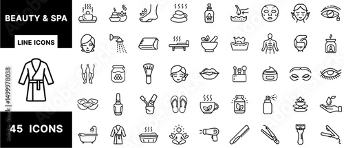 Beauty and Spa Line Icons Set – Skincare, Massage, Aromatherapy, Facial Treatment, Relaxation, Body Care, Wellness, Cosmetics, Self-Care, Spa Products