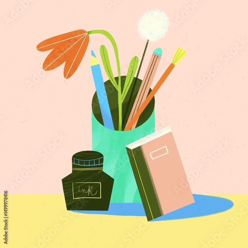 Still Life of some Pencils, Bushes, and Flowers in a pencil holder