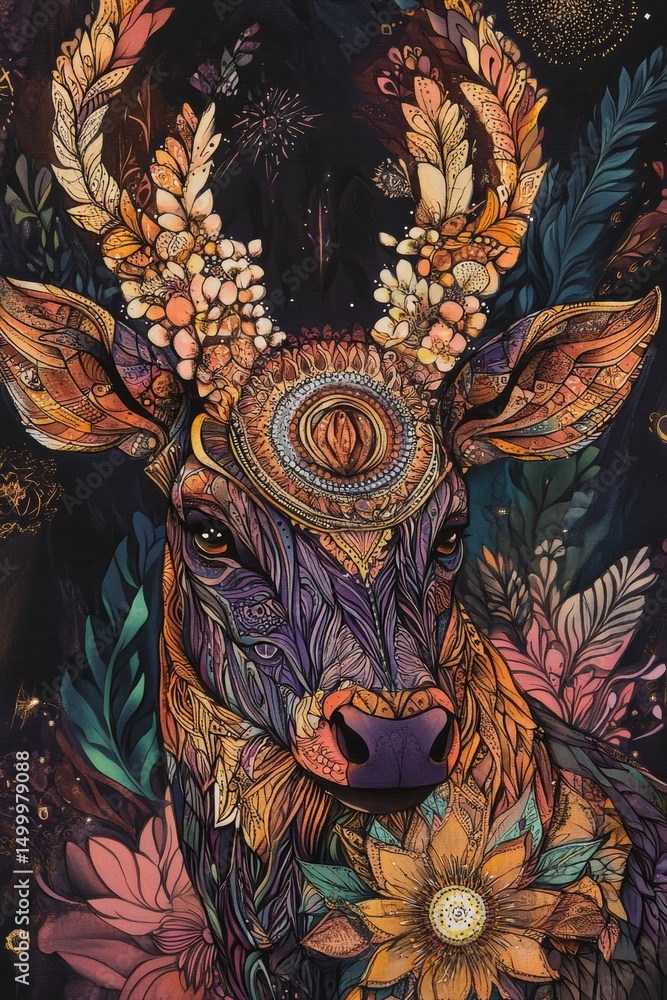 Obraz premium Art-deco style deer. Boho style animal on the background with gold and red details.