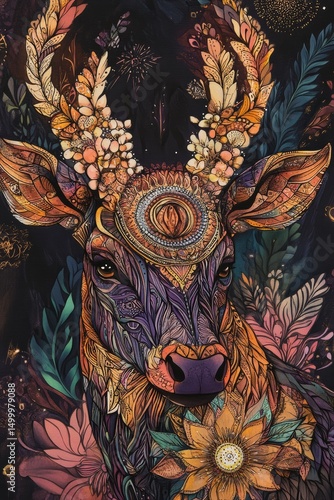 Wallpaper Mural Art-deco style deer. Boho style animal on the background with gold and red details. Torontodigital.ca