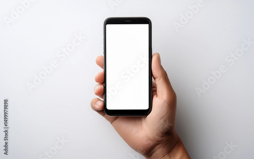 Eine Hand hält ein Mobiltelefon mit weißem Bildschirm, Draufsicht, auf weißem Hintergrund