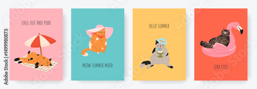 Funny cards or posters set of cute cats on summer vacation. Different cat characters enjoying summer holidays, lies in inflatable flamingo ring, drinking cocktail. Hand drawn cartoon illustration