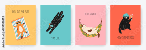 Funny cards or posters set of cute cats on summer vacation. Different cat characters enjoying summer holidays, diving, lies in hammock, drinking cocktail. Hand drawn cartoon illustration