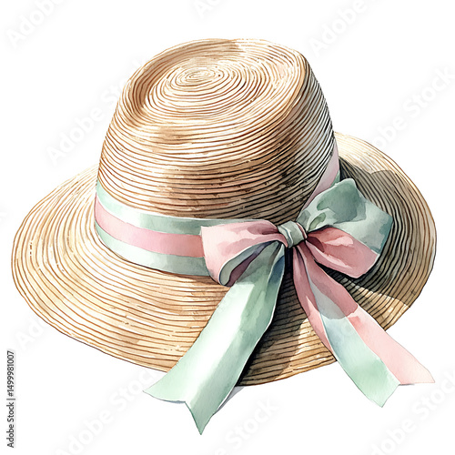 Beautiful wide brimmed straw hat with delicate ribbon bow, showcasing charming design perfect for summer outings. soft colors and intricate details evoke sense of elegance and warmth
