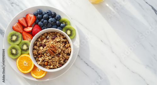 Delicious and nutritious breakfast: A vibrant bowl of granola and mixed fruits