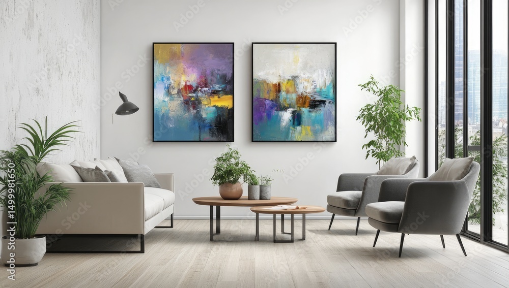 Fototapeta premium Modern abstract art pieces, two canvases, in a stylish living room