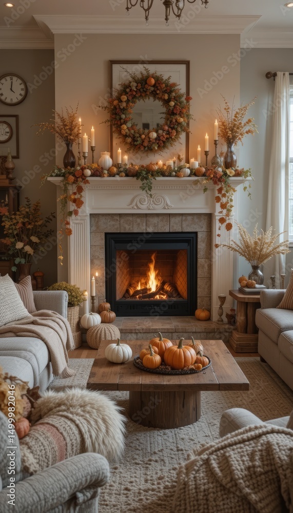 Fototapeta premium Cozy living room with warm blankets, fireplace, autumn decorations, pumpkins, and candles Generative AI