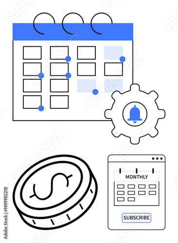 Calendar grid with gear and bell icon, coin with dollar sign, and subscription button. Ideal for payment plans, reminders, financial tools, subscriptions, scheduling, automation simple landing page