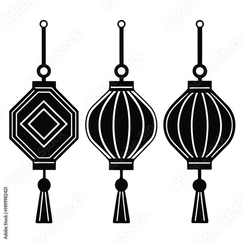Three Asian Style Hanging Lanterns Black Silhouette