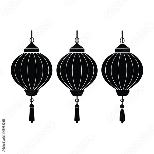 Three Asian Style Hanging Lanterns Silhouette Illustration
