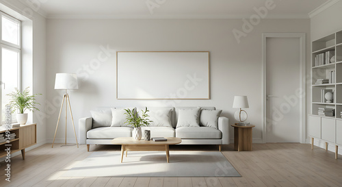Minimalist living room interior design with cozy furniture and a blank picture frame