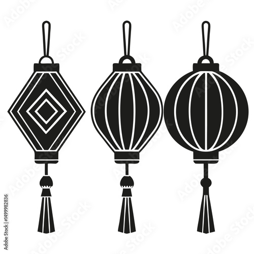 Three Asian Style Lanterns with Tassels Hanging Decorations