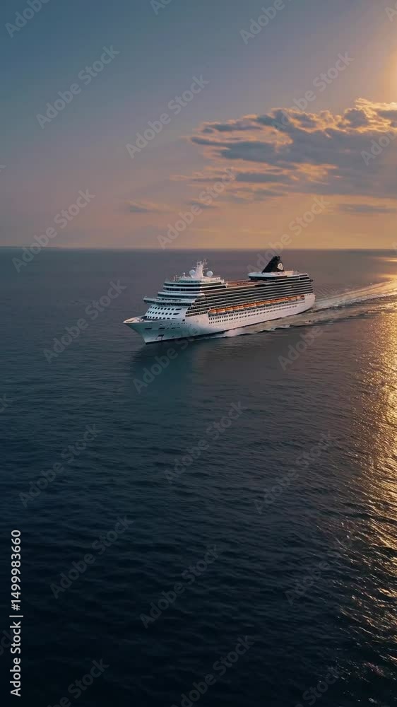 Paquebot de croisière en mer naviguant au coucher du soleil
Paquebot de croisière en mer naviguant au coucher du soleil