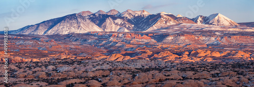 USA, Utah, Moab. Arches National Park, Panoramic view of La Sal Mountains at sunset in winter