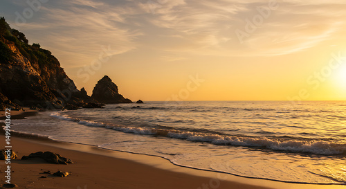 Scenic golden hour seascape with cliffs, waves, and a serene horizon view