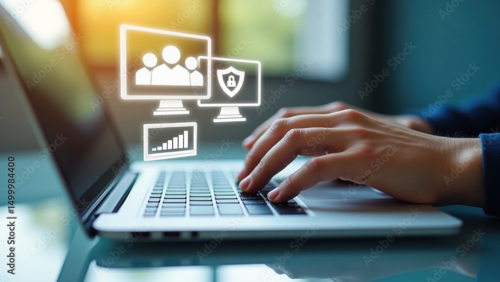 Hands typing on a laptop with digital security icons overlaid. Hands typing on a laptop with digital security icons overlaid.