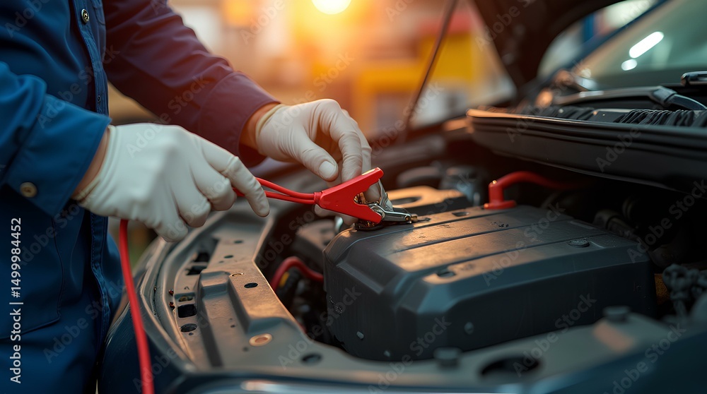 Naklejka premium Mechanic working on car battery repair and electrical system maintenance in an auto repair shop using professional diagnostic tools for automotive services