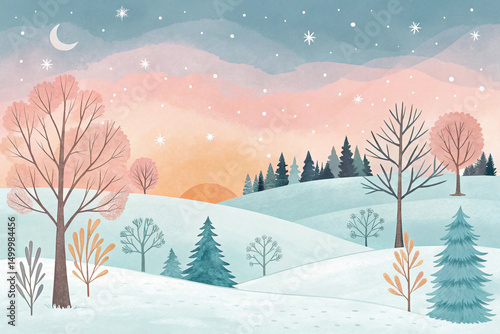 A winter landscape, depicted in a watercolor style.  Pastel colors
