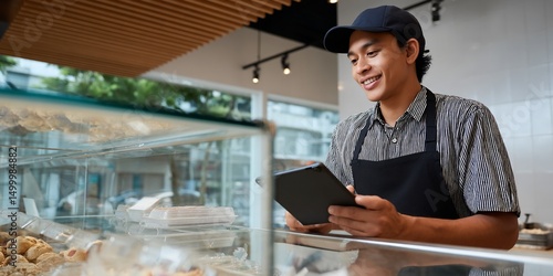 Smiling cafe worker using tablet behind bakery display