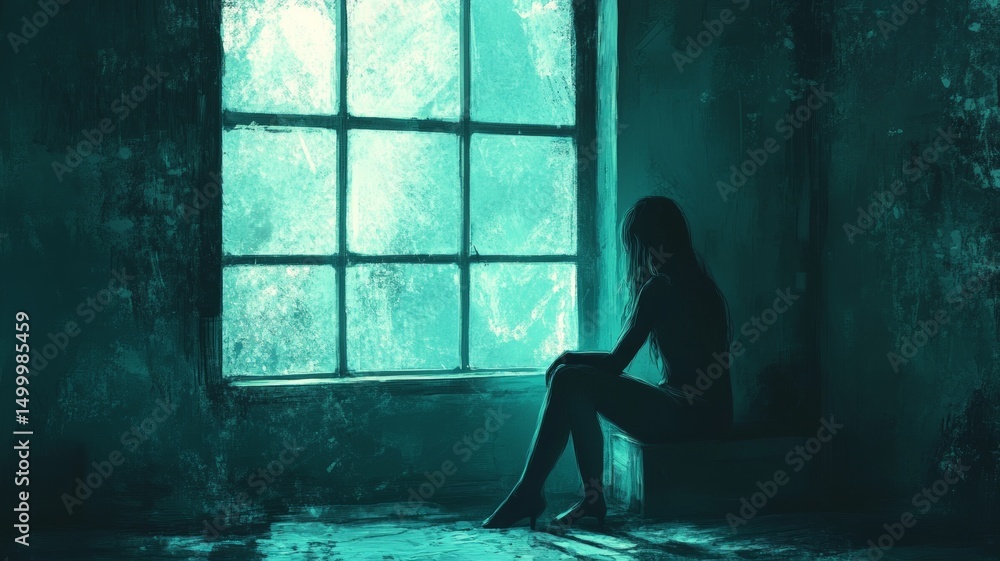 a women sitting in front of a window in a dark area a women sitting in front of a window in a dark area