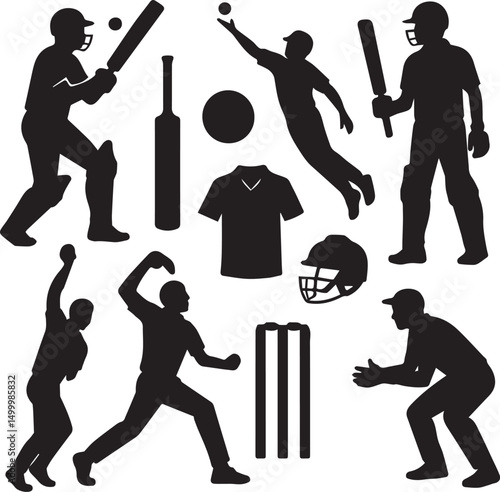 Cricket Player Silhouettes and Icons Set with Bats, Balls, Helmets, and Stumps

