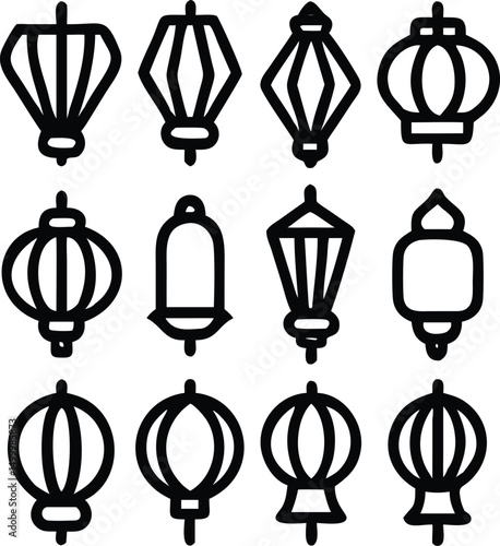 Twelve Hanging Lantern Icons Line Art Design Set