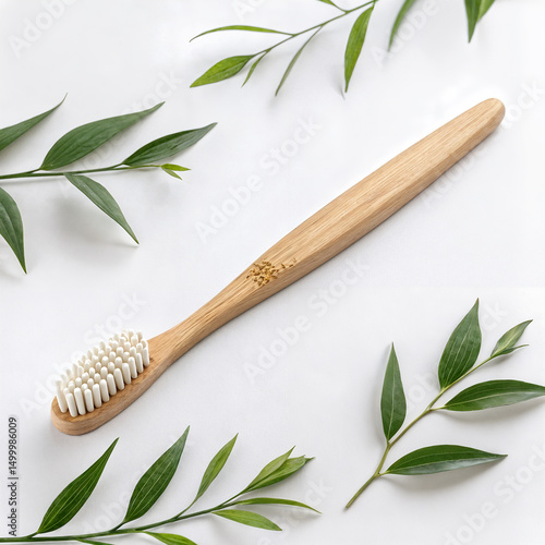 Bamboo toothbrush surrounded by green leaves isolated on white background